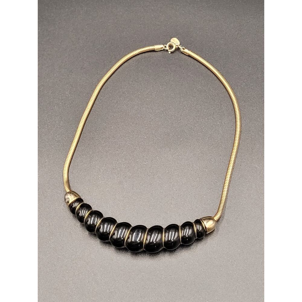 Vintage Park Lane Necklace Fixed Black Pendant Rope Gold Tone Chain Disco 70s 80